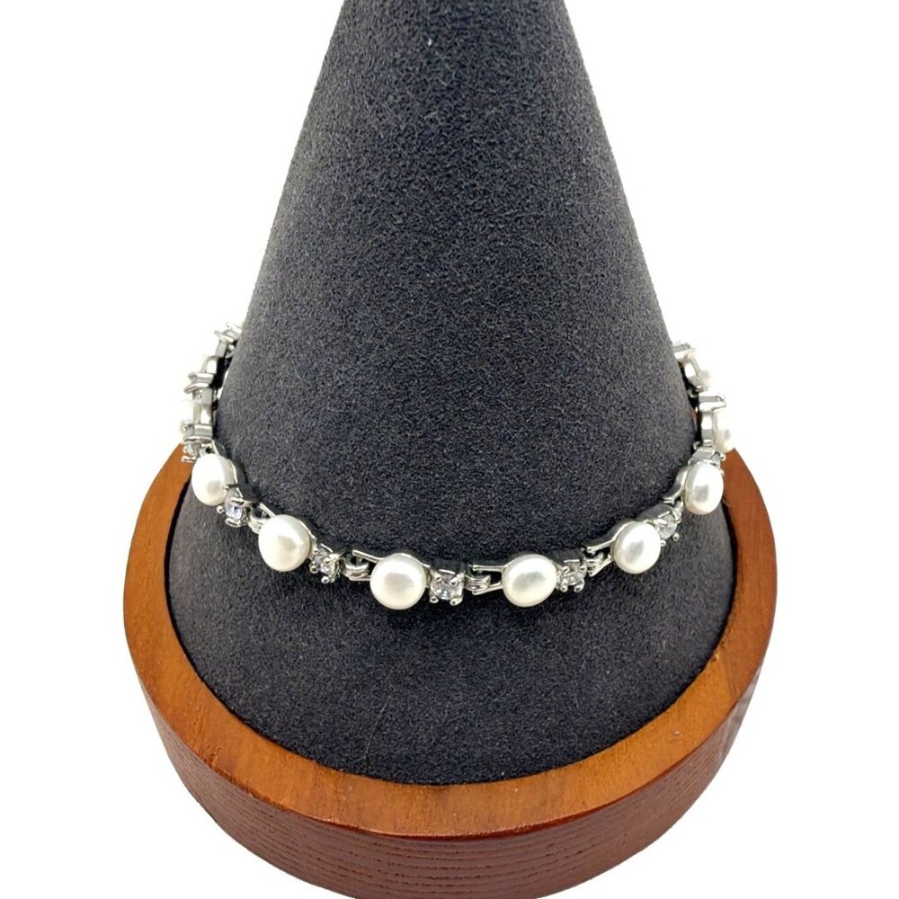 Genuine Pearl & Crystal Rhinestone Tennis Bracelet Silver Tone 7" to 8.5"